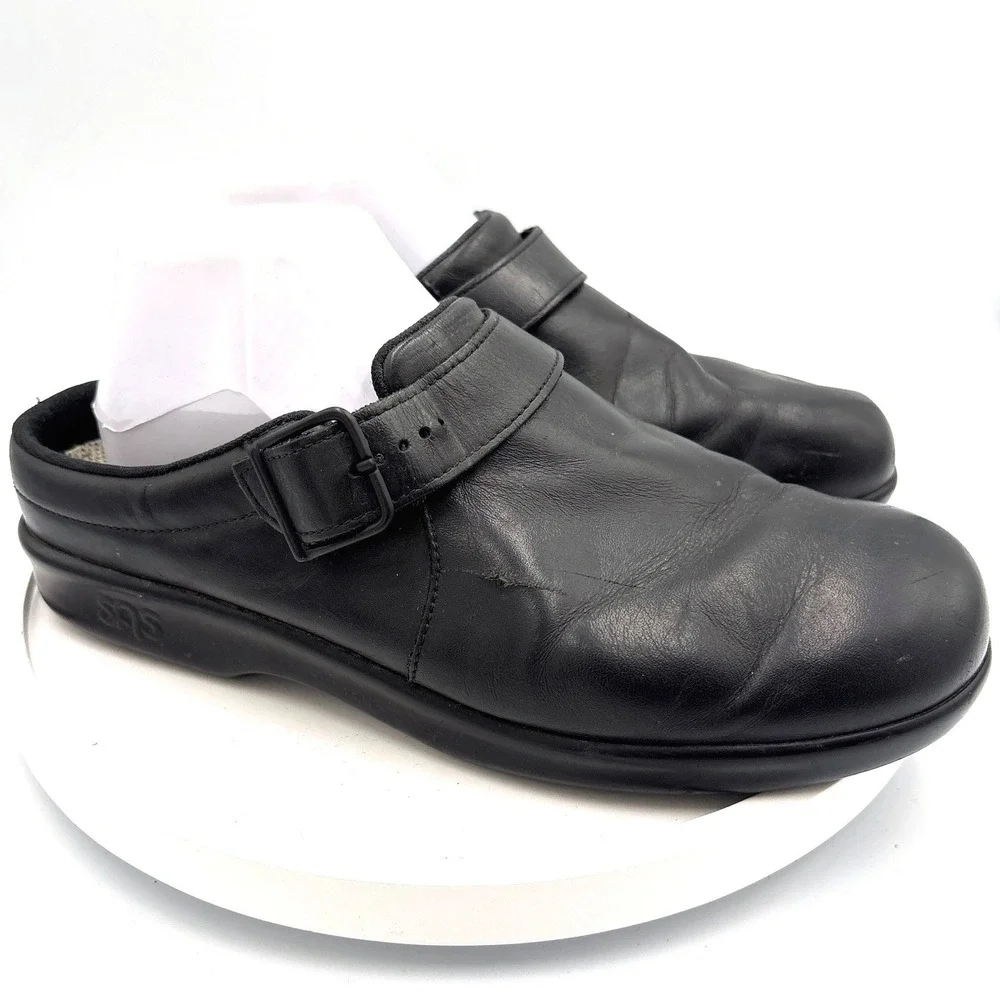 SAS Clogs 9 Men's Black Leather Professional Comfort Buckle Strap Mules 2079